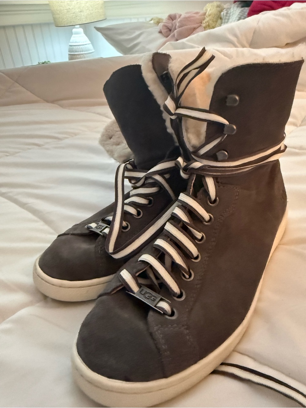 UGG Gray Suede Lace-Up Shearling Boots